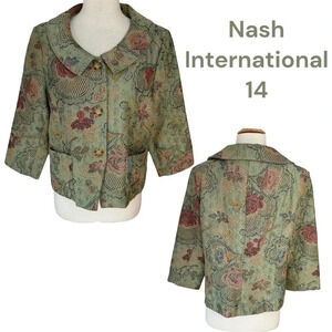 Nash International 14 green & multicolor tapestry round‎ collar blazer coat